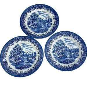 3 Currier and Ives "Harvest" Churchill Dinner Plates 10.25" Blue White England